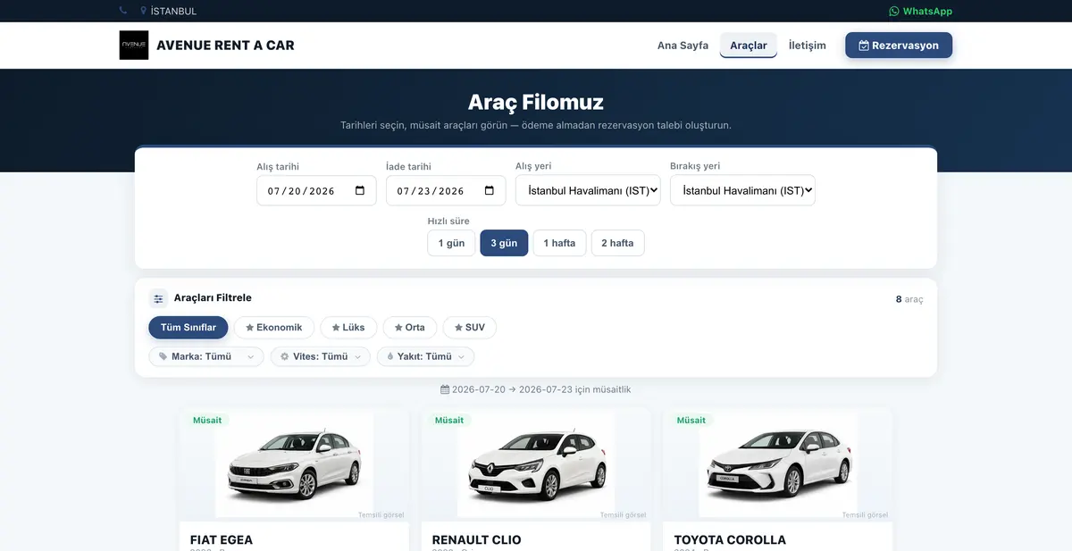Online rezervasyon ekranı — araç kartları ve kampanya indirimi